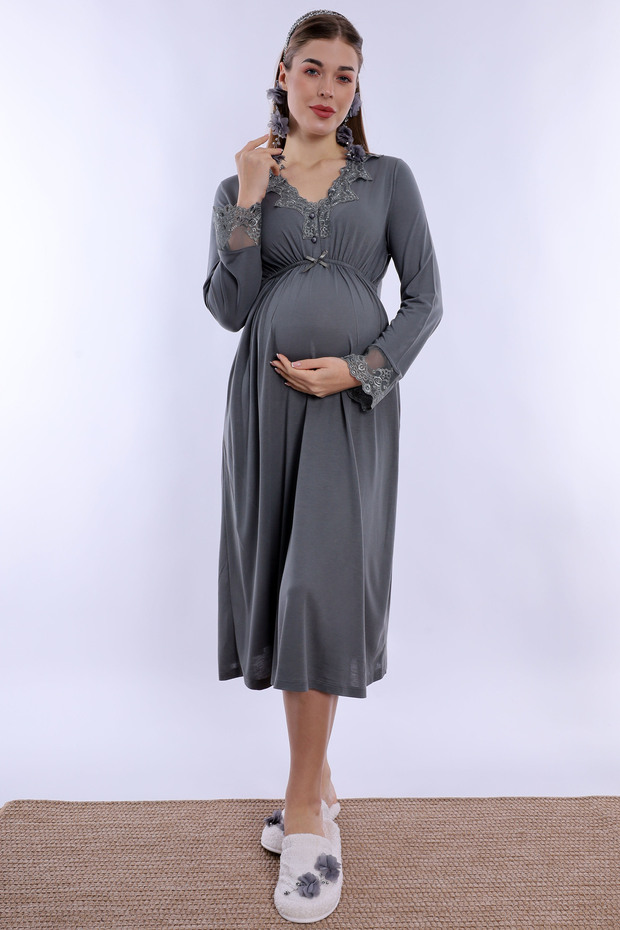 Comfortable Cut Maternity Nightgown with Cotton Breastfeeding Feature - Effortt - Smoked