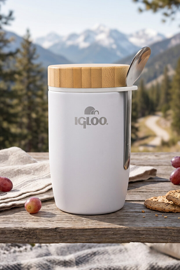 Bamboo Lid Food Thermos 500ml Steel Thermos White Keeps Warm for 12 Hours