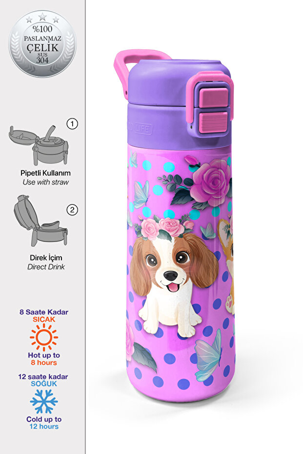 Kids Pink Dog Patterned Steel Thermos with Straw and Direct Drinking 500 ml 31951