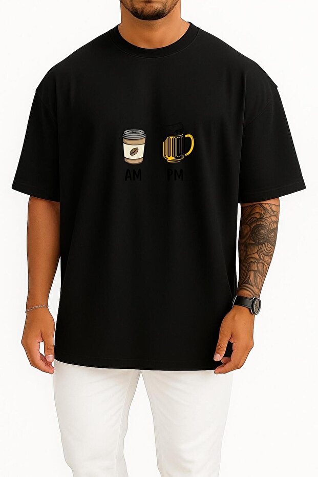 Oversized Morning Coffee Evening Beer Chest and Back Design Unisex T-Shirt