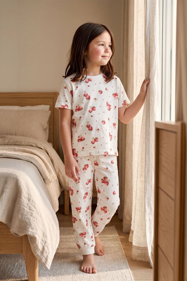 Strawberry Patterned Short Sleeve 100% Cotton Girls' Pajama Set