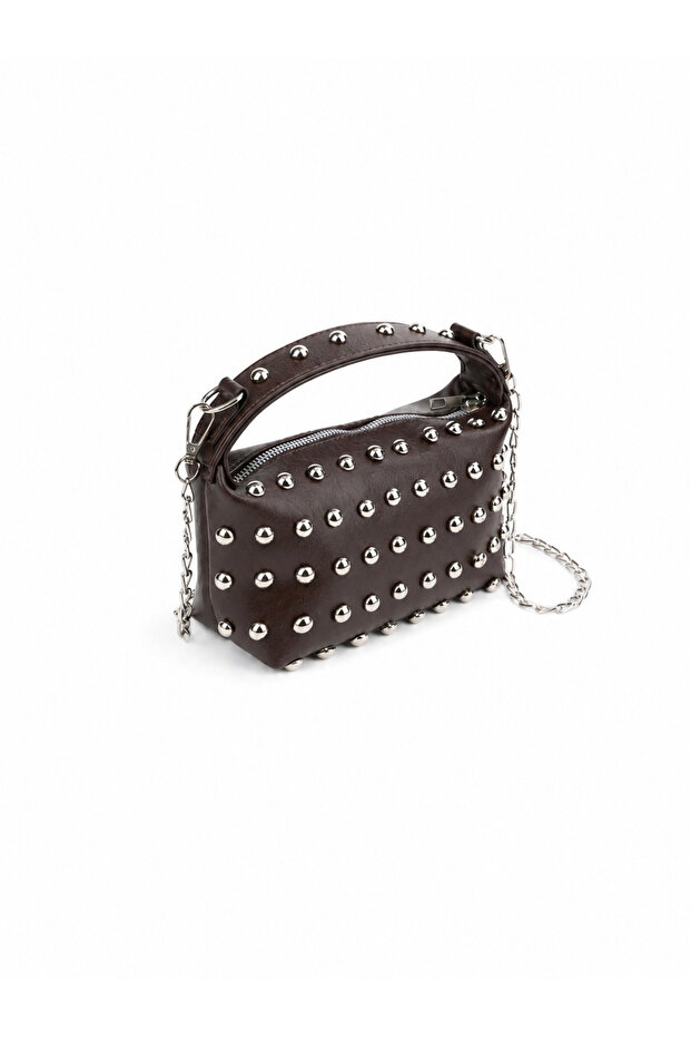 Women's Mini Size Studded Hand and Shoulder Bag with Cross Strap - Brown