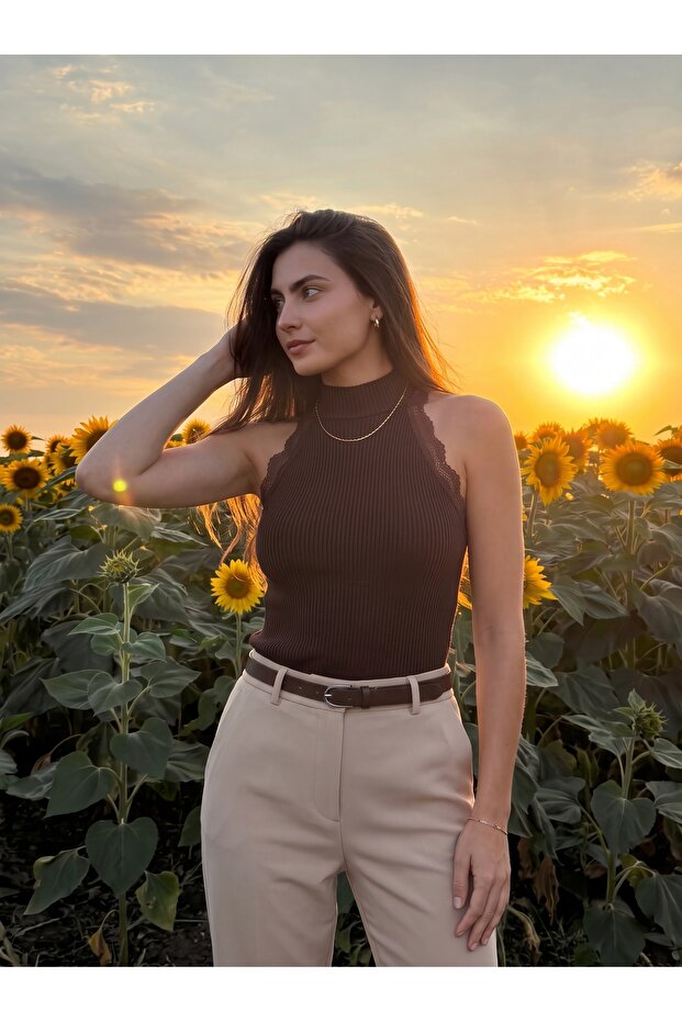 Bitter Brown Corded Stretch Fabric Halter Neck Body-Fitting Blouse with Lace Detail