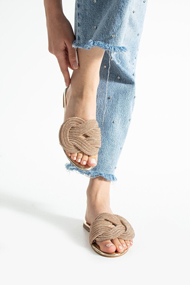 Lumiry Gold Women's Stone-Knotted Strap Flat Shiny Slippers