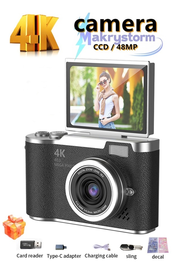 كاميرا رقمية محمولة للطلاب بدقة 48 ميجابكسل وتكبير رقمي CCD بدقة 4K وزاوية تصوير 180 درجة ° كاميرا سيلفي بشاشة قابلة للطي