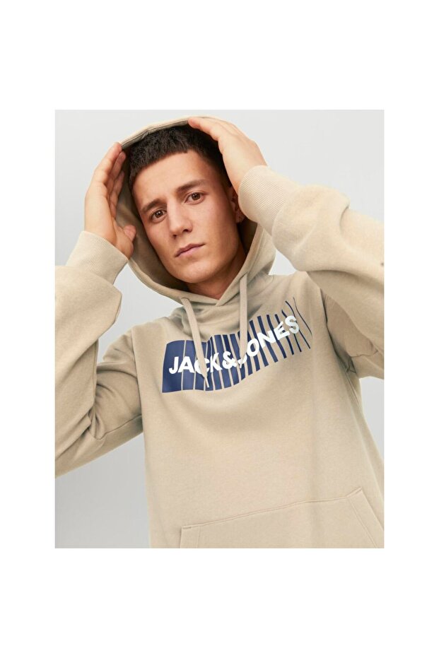 Men's Hooded Beige Sweatshirt - 12233599