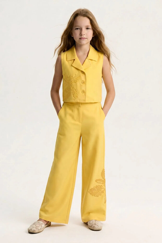 5-14 Years Old Moon Pearl Girls' Trouser Suit-Lemon