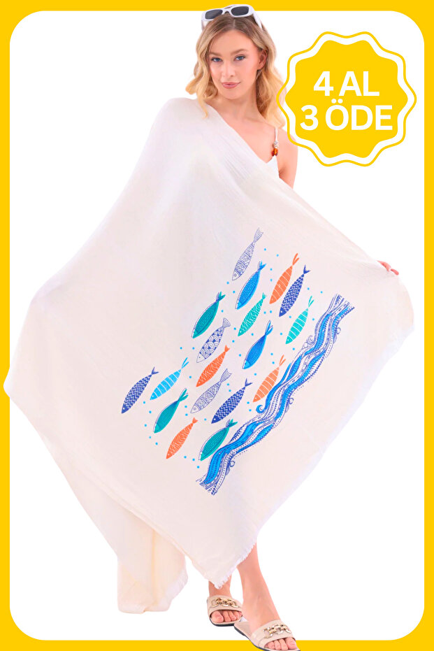 Vina 100% Cotton Printed Beach Peshtemal | Quick-Drying, Extra Light Tasseled Pareo | Beach, Pool and Bath Towel