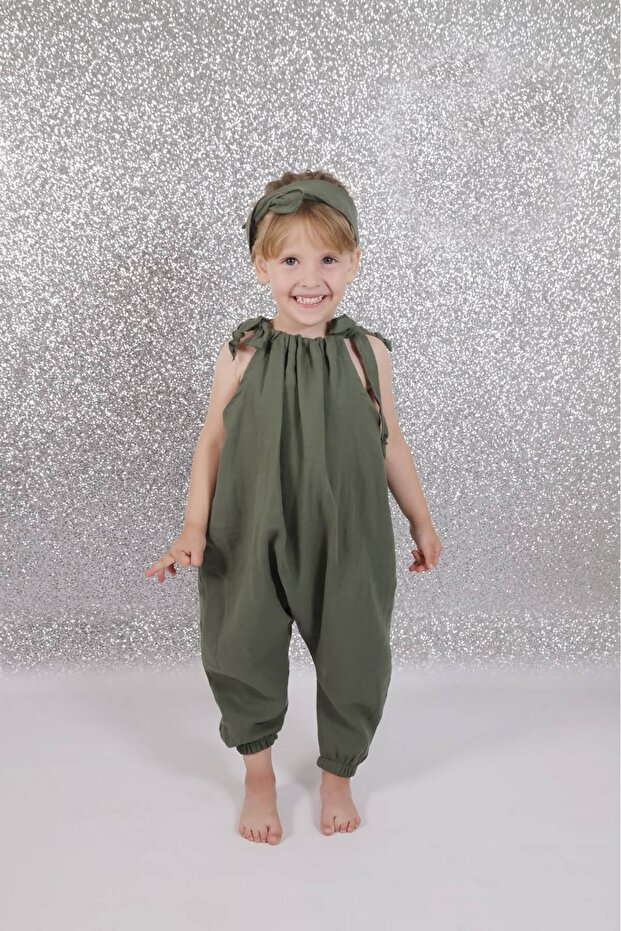 100% Organic Double Layer Muslin Girls' Shalwar Jumpsuit Army Green