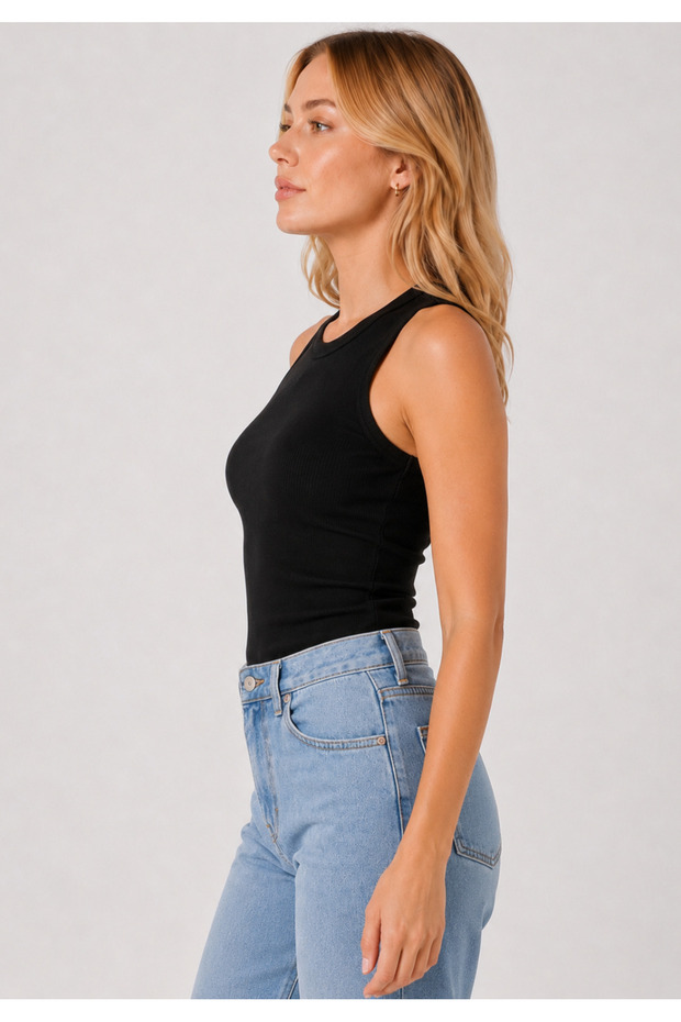 Women's Black Camisole Ribbed Halter Neck Flexible Casual Basic Blouse