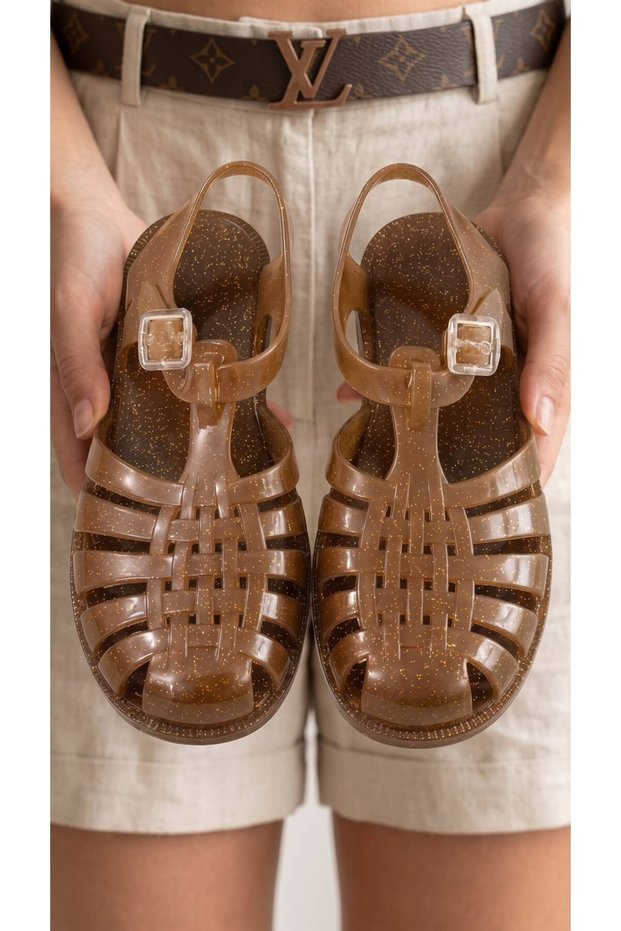 Women's Shiny Transparent Caramel Gold Glitter Jelly Sandals Byndjlly01