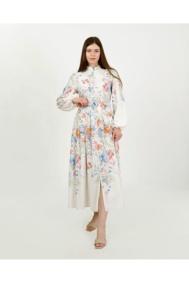 Cream Lavinya Floral Patterned Belted Long Sleeve Dress Tns-9001
