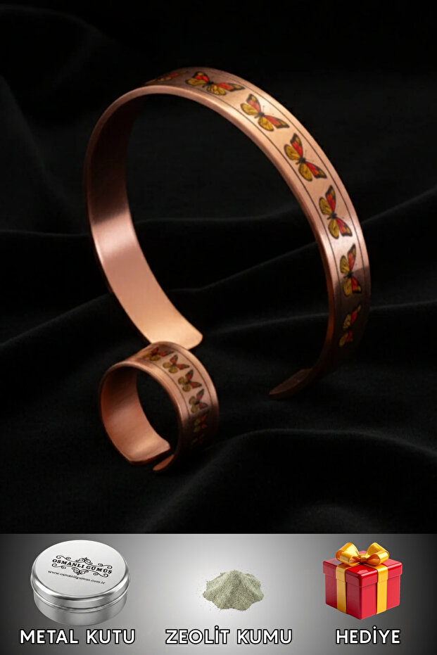 Women's Copper Bracelet Ring Set - Zodia Model Special Edition Metal Box Zeolite Sand