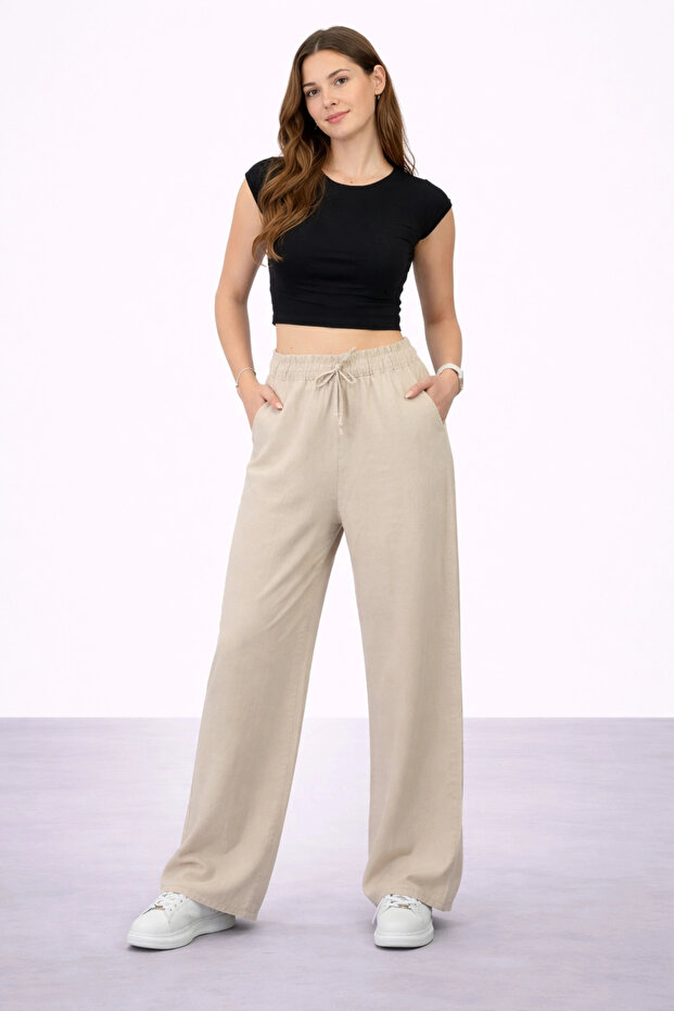 Women's Tencel Fabric Comfortable Cut Wide Leg Pants Elastic Waist Casual Stylish Model