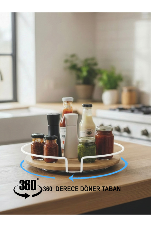 360 Degree Rotating Bamboo Kitchen & Cabinet Organizer - White 25 cm
