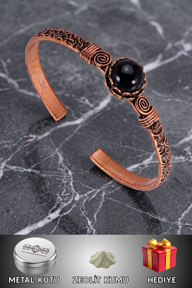 Women's Copper Bracelet - Round Bark Model with Onyx Stone, Thin Metal Box Bracelet, Zeolite Sand