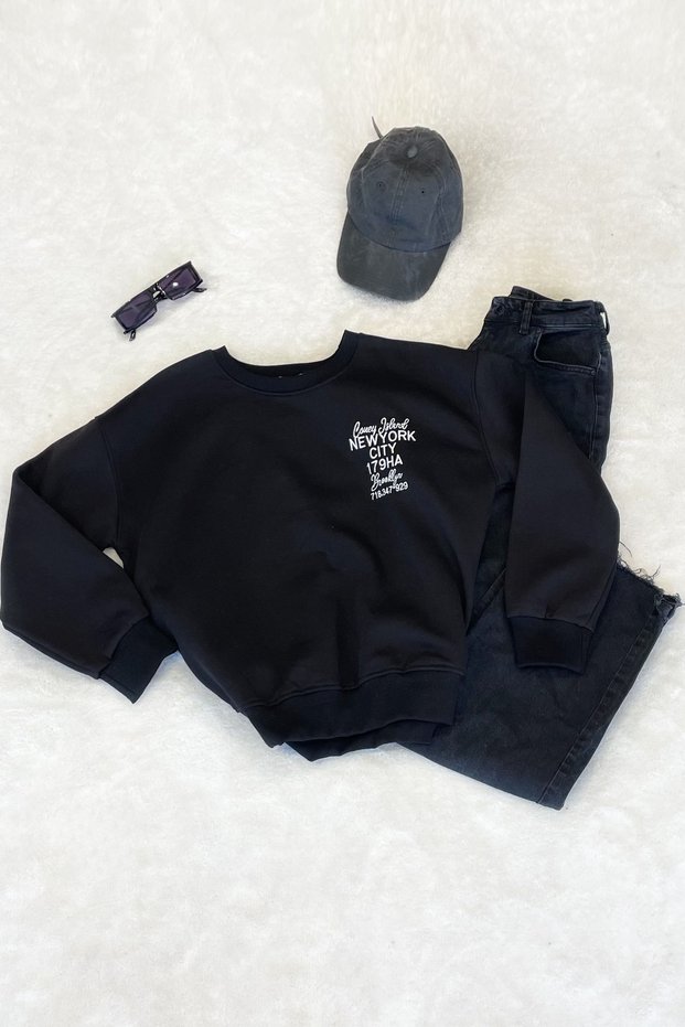 Chest Lettering Embroidery Elastic Hem Sweatshirt - Black Black