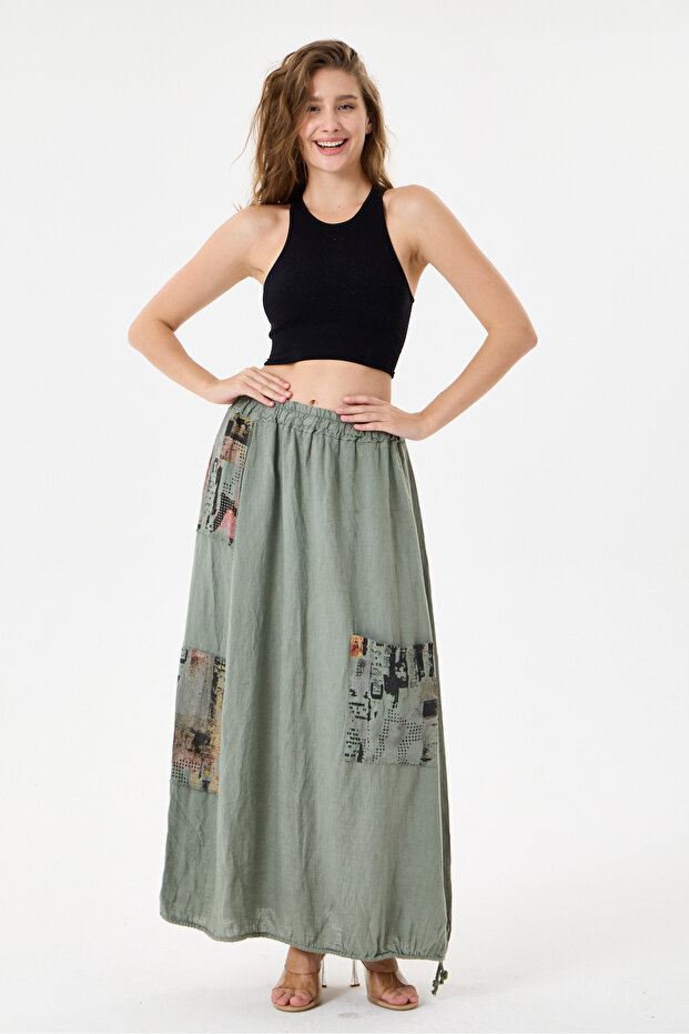 Khaki Italian 100% Linen Long Linen Skirt with Elastic Waist, Sizes 38 - 44
