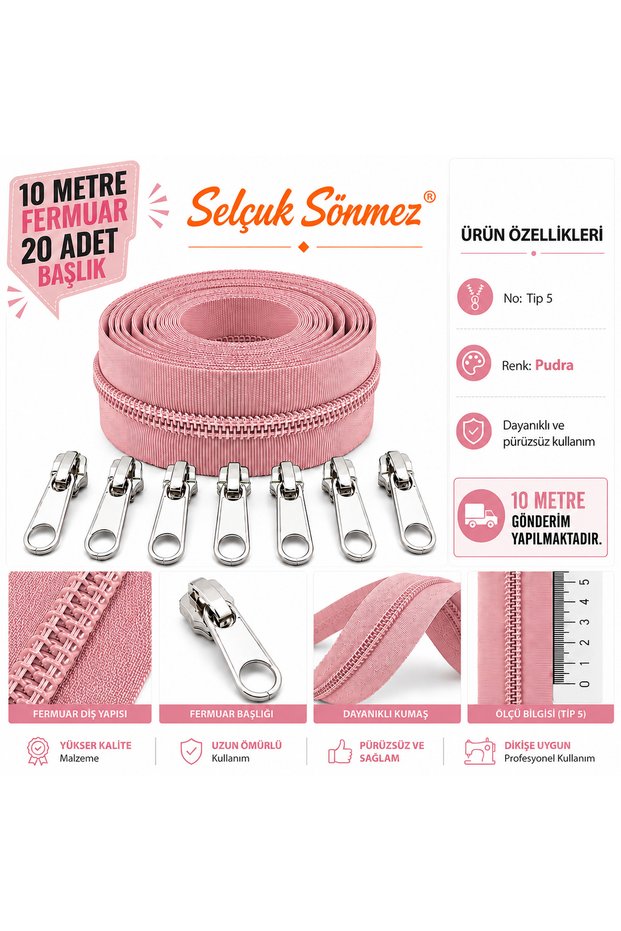 POWDER COLOR 10 METER ZIPPER 20 PIECES HEAD