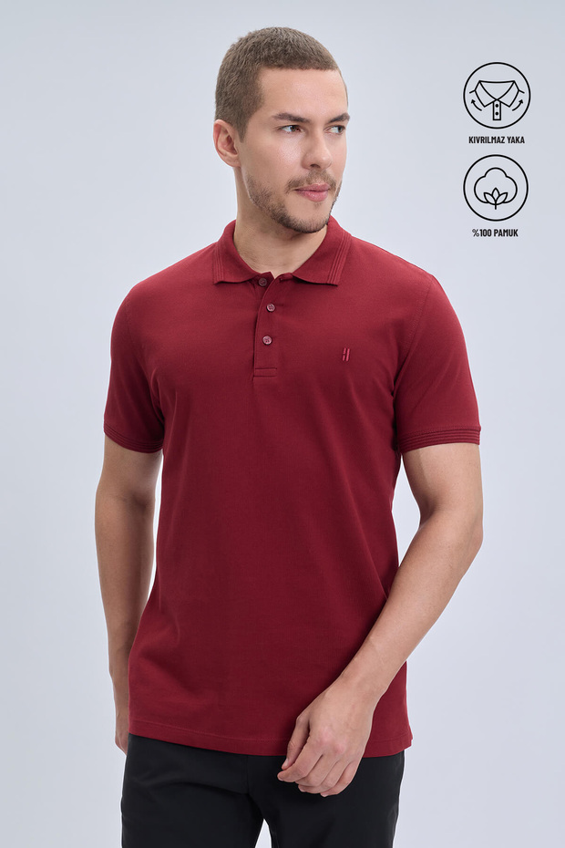 Burgundy Regular Fit 100% Cotton Non-Curling Polo Collar T-Shirt