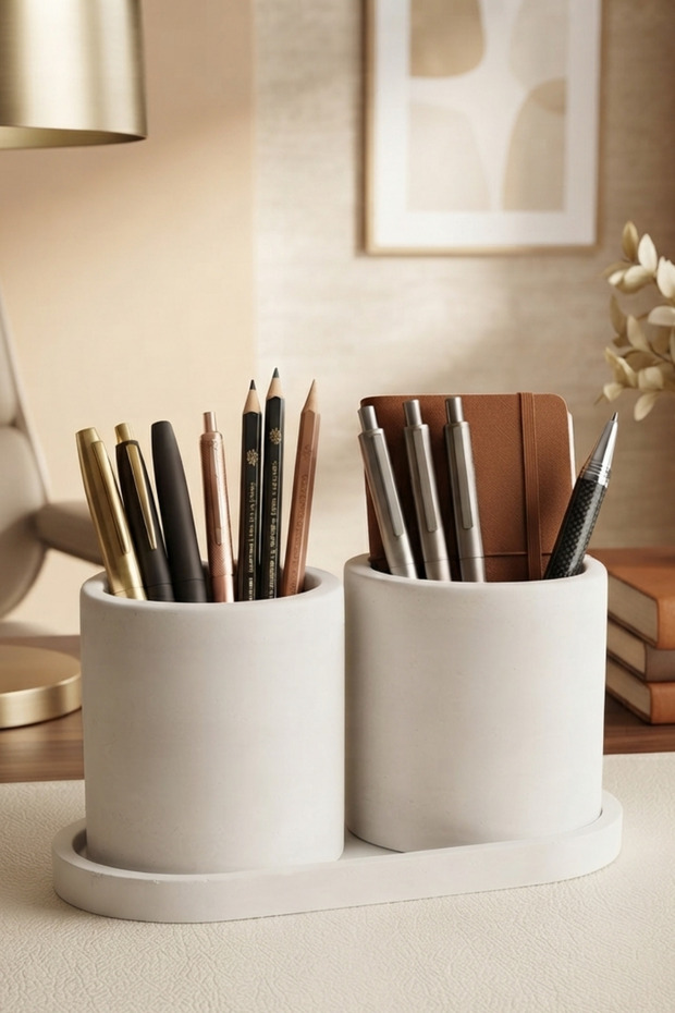 Handmade Concrete Pen Holder Set | Modern and Stylish Desktop Organizer | Office & Makeup Organizer