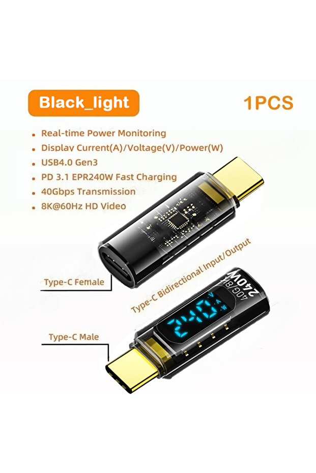 محول USB-C بإضاءة خلفية مع شاشة عرض رقمية LED، موصل USB-C ذكر إلى أنثى بقدرة 240 واط بتقنية الشحن السريع PD لأجهزة iPhone