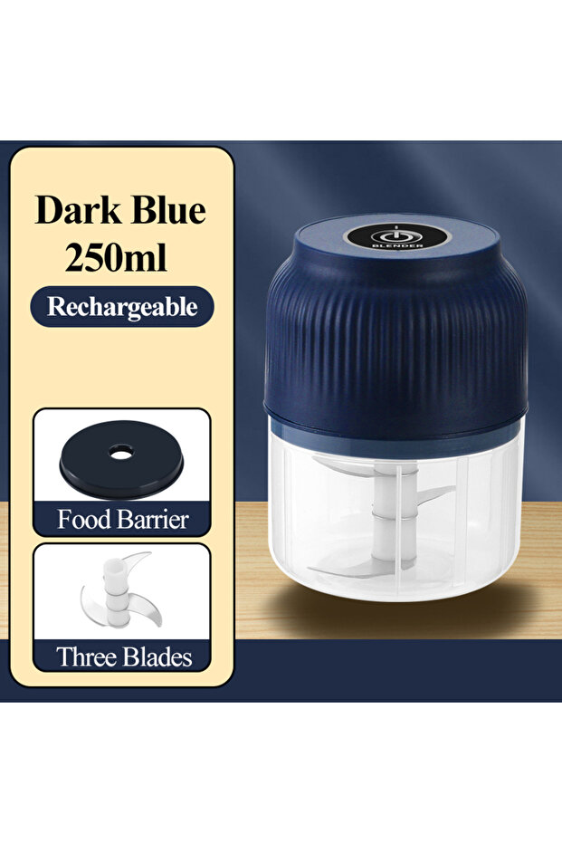 Dark Blue 250ml Mini Wireless USB Rechargeable Electric Vegetable Chopper Garlic Crusher Food Choppe