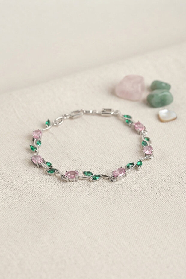 Brass Silver Color Pink Zircon Stone Flower Model Women's Bracelet -