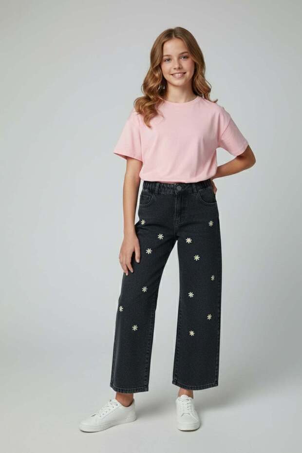 100% Cotton Daisy Embroidered Elastic Waist Girls' Trousers