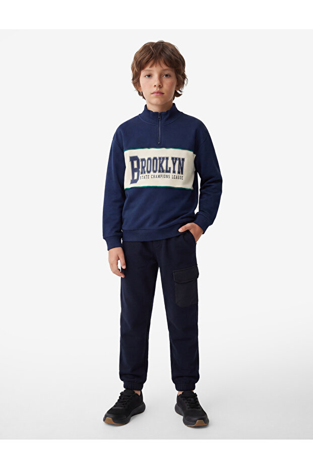 Shardonlu Printed Long Sleeve Zipper Detailed Stand Collar Oversize Sweatshirt