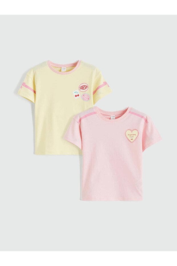 Original Oval Collar Printed Girls' T-Shirt 2-Pack