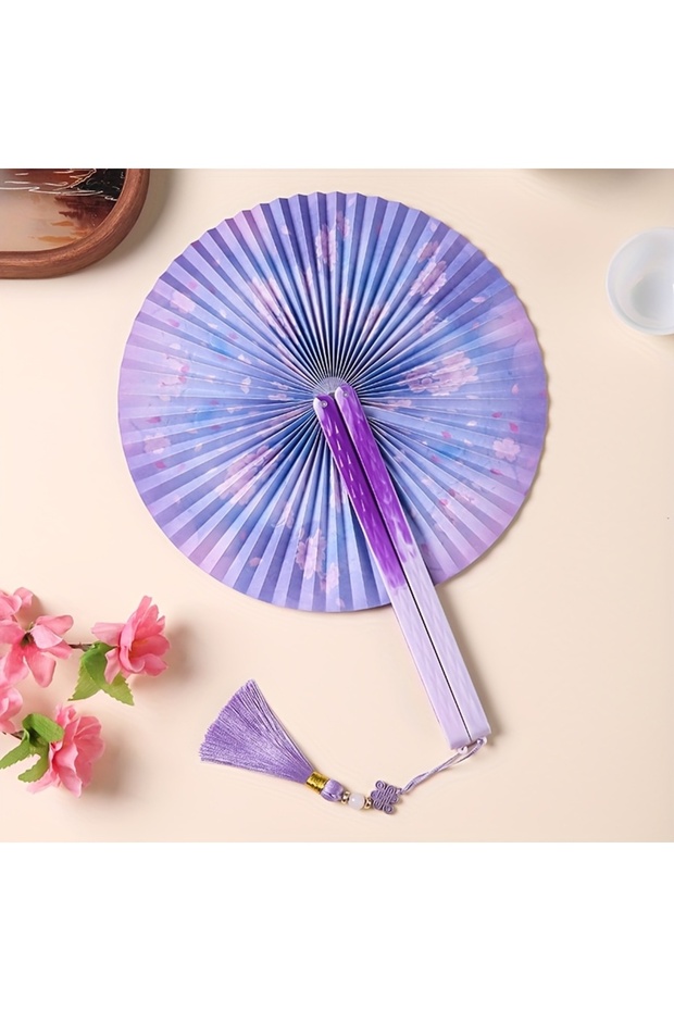 PURPLE Chinese Folding Tassel Paper Fan - Traditional Floral Design, Lightweight Plastic Portable Fa