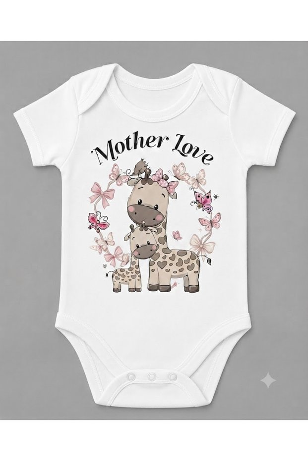 100% Cotton Mother Love Mother and Baby Giraffe Printed Baby Bodysuit with Snap Fasteners