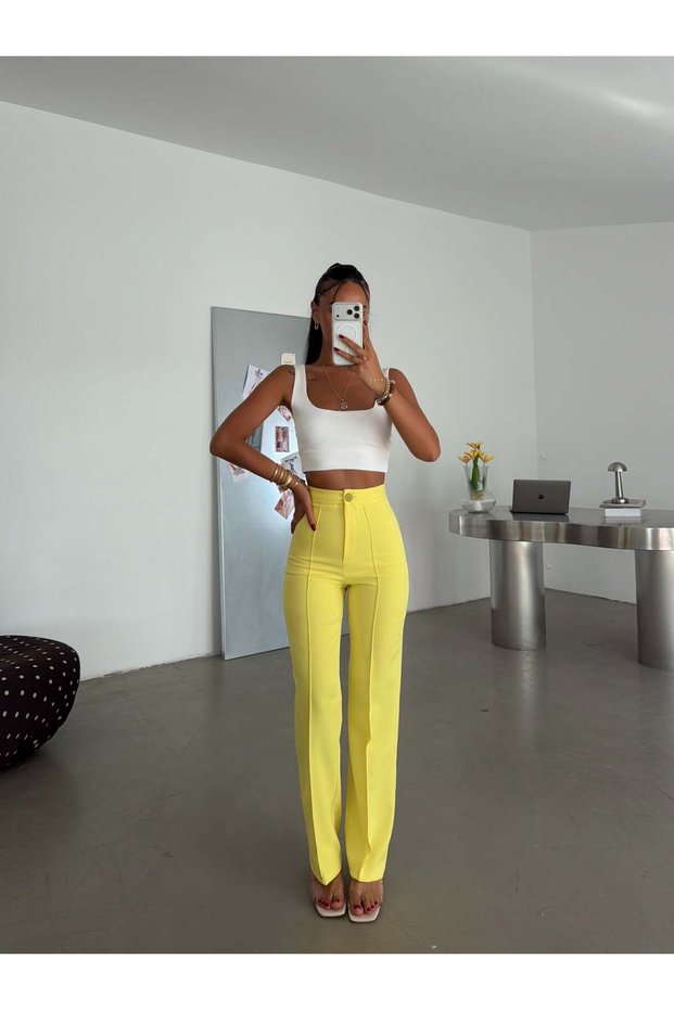 Front Stitched Pipe Leg Fabric Trousers - Yellow