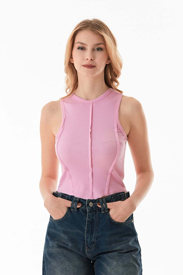 Ribbed Halter Neck Stitched Crop Body