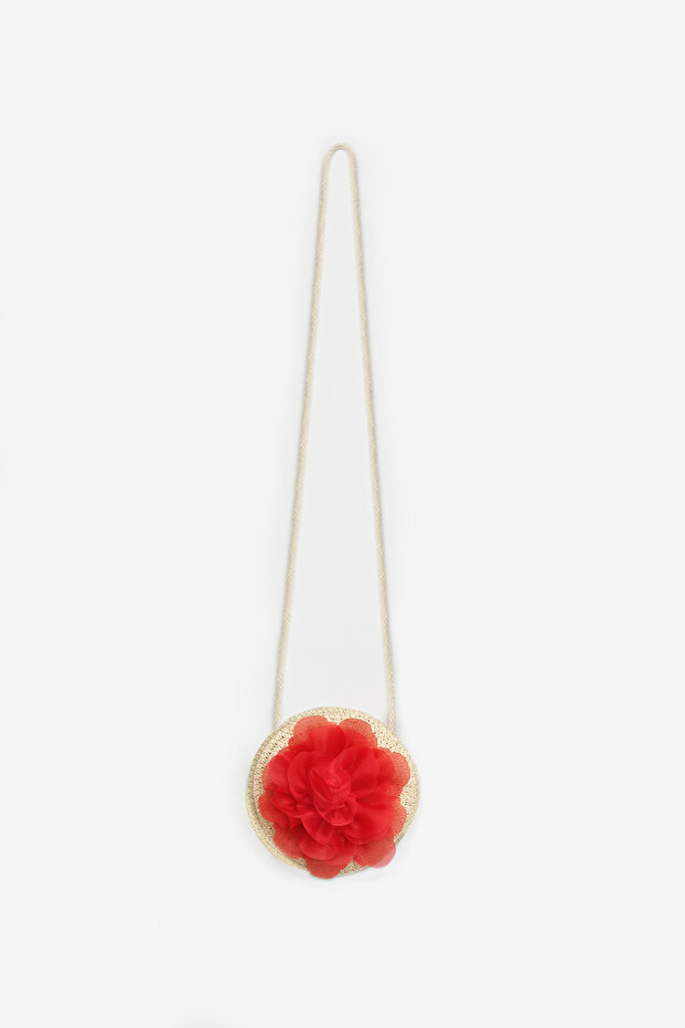 Girl's Straw Bag with Red Rose Detail