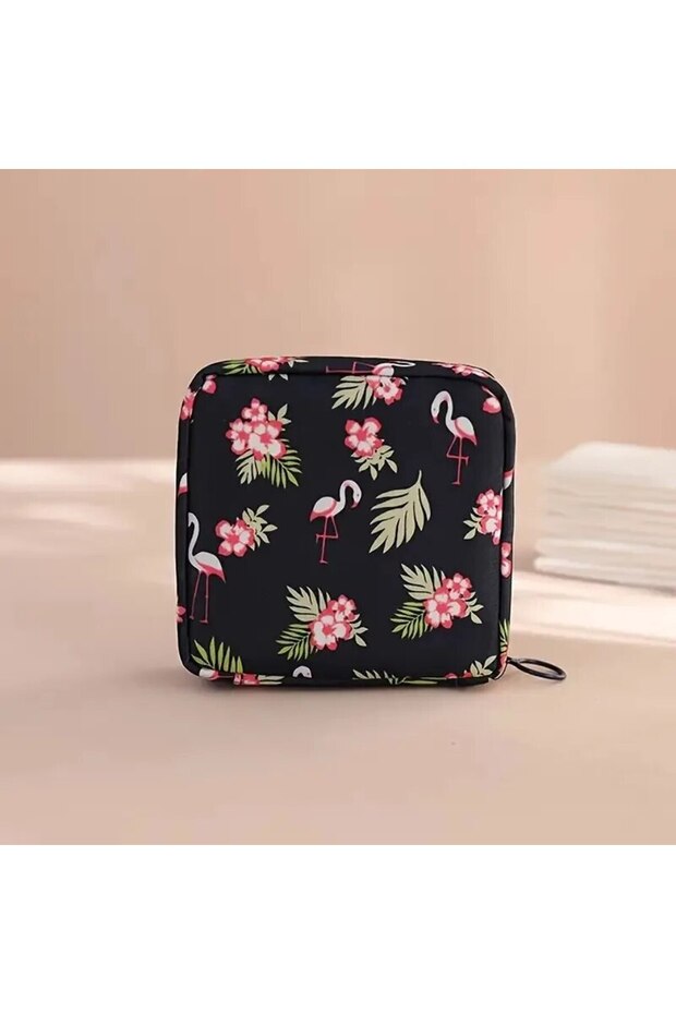 Black Flamingo Women Sanitary Napkin Tampon Storage Bag Portable Waterproof Organizer Pouch Cartoon