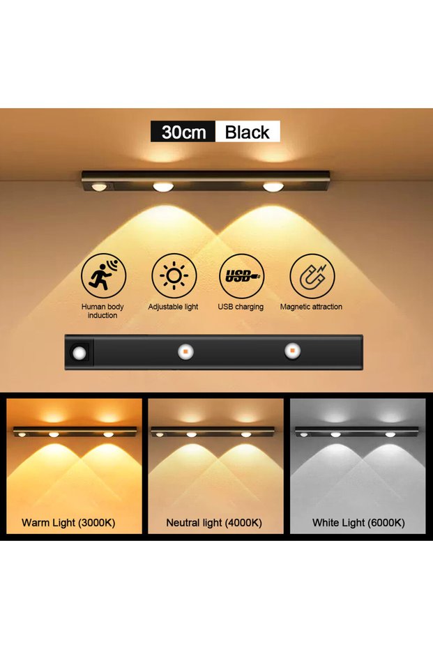 Black 30cm 3 colors in one Lamp Motion Sensor Light LED Sensor Lamp Wireless Ultra Thin USB LED For
