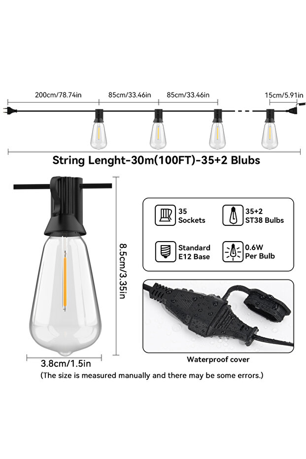 EU Plug 30M 100FT 35LED 20M 30M ST38 Garland Light String Shatterproof LED Bulbs Outdoor IP44 Patio