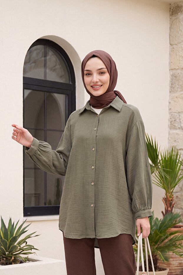 Oval Cut Buttoned Muslin Shirt -Khaki