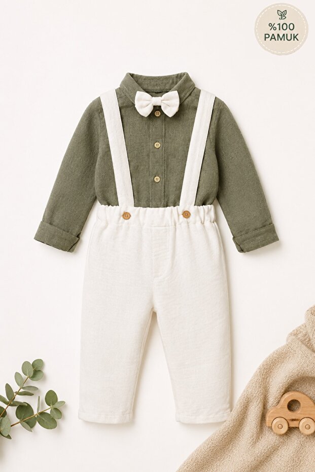 Baby Boy Bow Tie Detailed 100% Cotton Muslin 2-Piece Salopet Set - Green