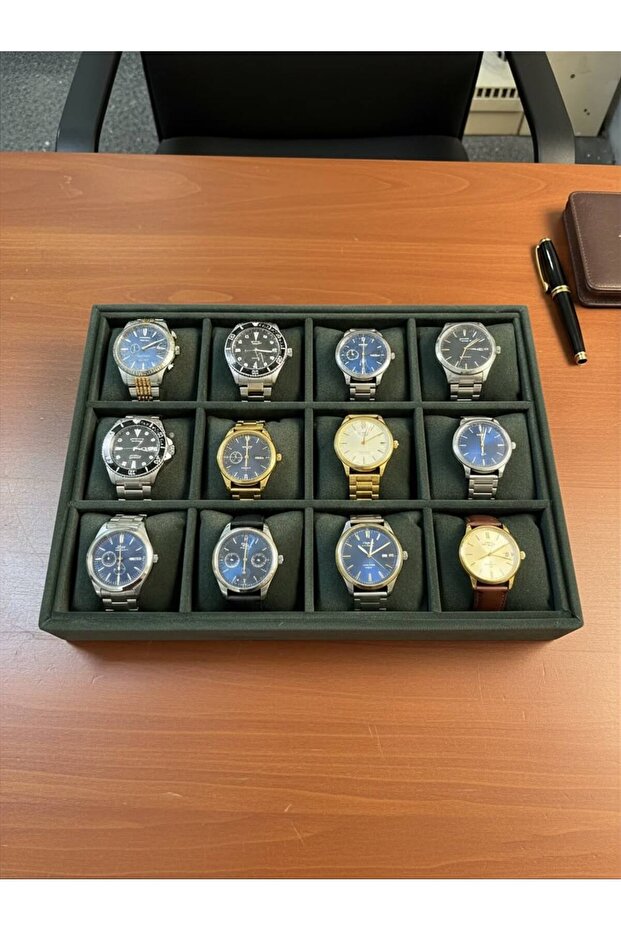 Watch and Jewelry Stand with 12 Compartments, Suede Fabric Covering on Mdf, Domestic Production