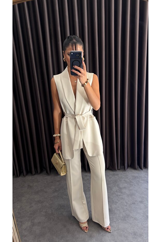 Women's Belted Vest and Palazzo Pants Set Gray