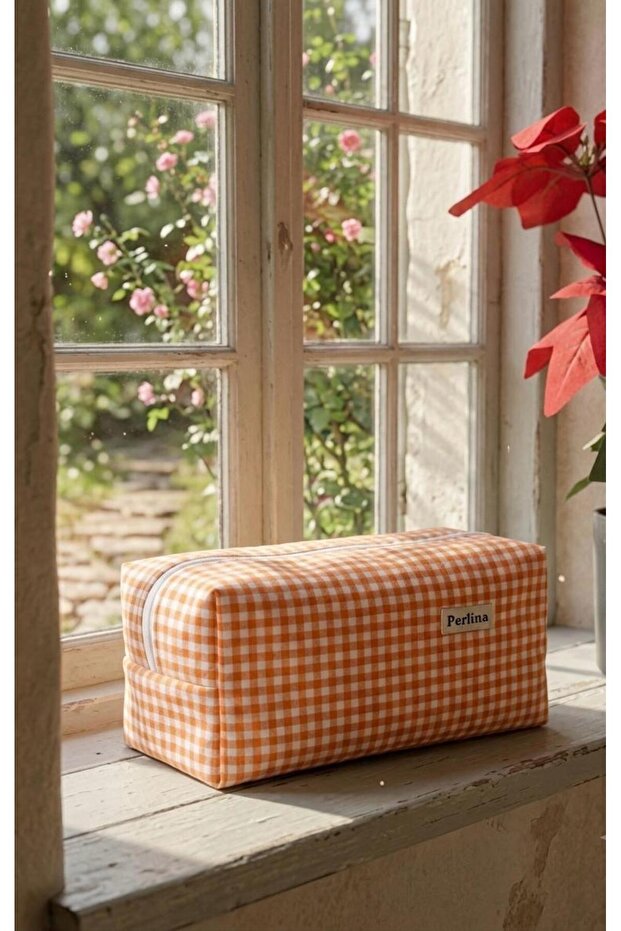 Makeup Bag Plaid Orange Large Size