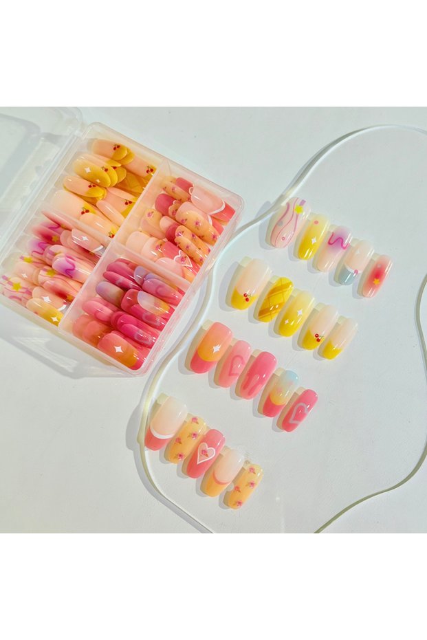 3 120Pcs Dopamine Gradient Press On Nails Heart Star Bow Dot French Fake Nailtip Sweet Girl Valenti.