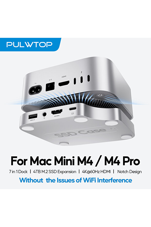 قاعدة توصيل PULWTOP لجهاز ماك ميني M4 مع حاوية SSD بسعة 4 تيرابايت، ومنفذ HDMI بدقة 4K وتردد 60 هرتز، ومنفذ USB A 2.0، وفتحة SD/TF، ومنفذ صوت لأجهزة ماك ميني.