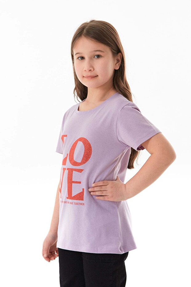 100% Cotton Glitter Love Text Printed Girl's T-Shirt