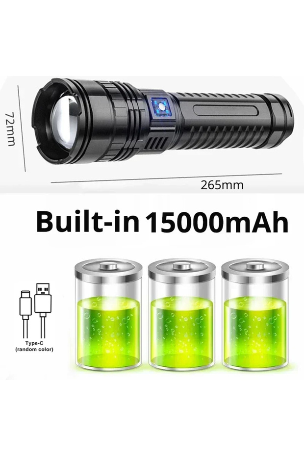 مصباح يدوي LED تكتيكي فائق القوة، مزود ببطارية مدمجة سعة 15000 مللي أمبير (5 × 2)، بقوة إضاءة 10000 لومن.