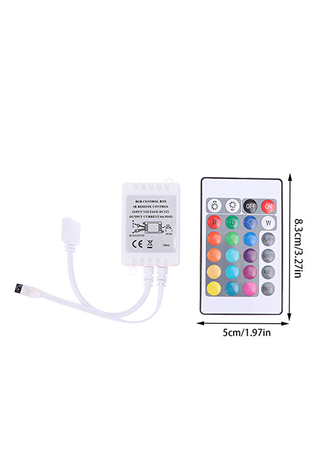 مجموعة واحدة من وحدة تحكم LED بـ 24 مفتاحًا، صندوق تحكم LED بالأشعة تحت الحمراء RGB، وحدة تحكم واحدة أو اثنتين، جهاز تحكم عن بعد بالأشعة تحت الحمراء، مُخفّت إضاءة يعمل بجهد 12 فولت تيار مستمر.