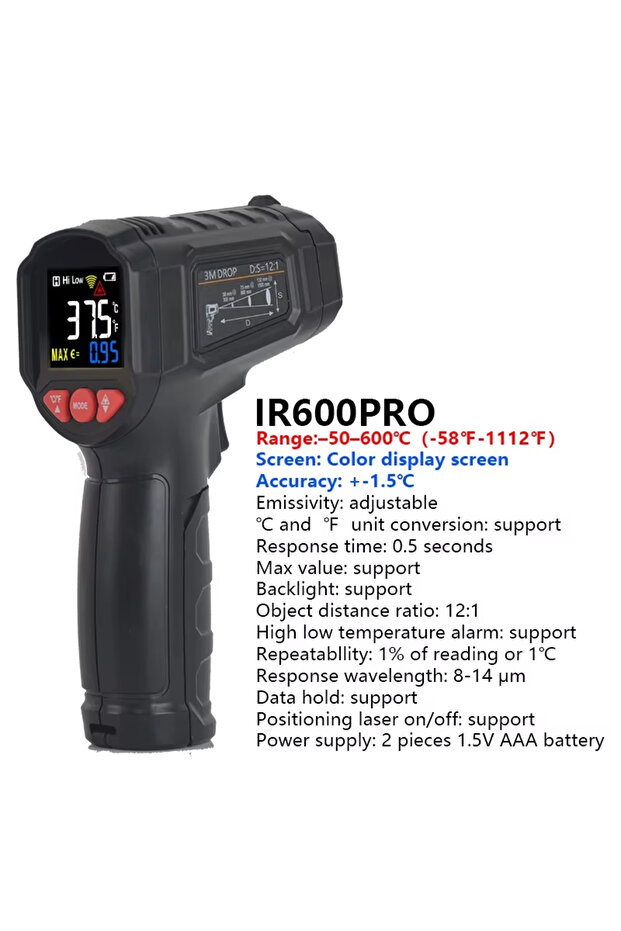 IR600A -50~800℃ Digital Thermometer Infrared Thermometers Non-contact Pyrometer Kitchen Laser Tempe